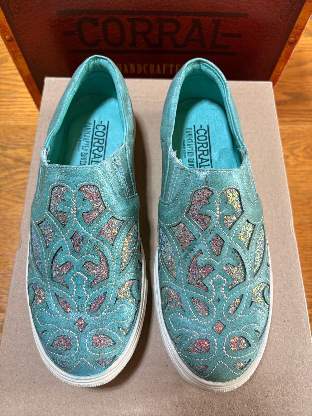 Corral Teal Slip-On Shoes with Multicolor Glitter Cutouts